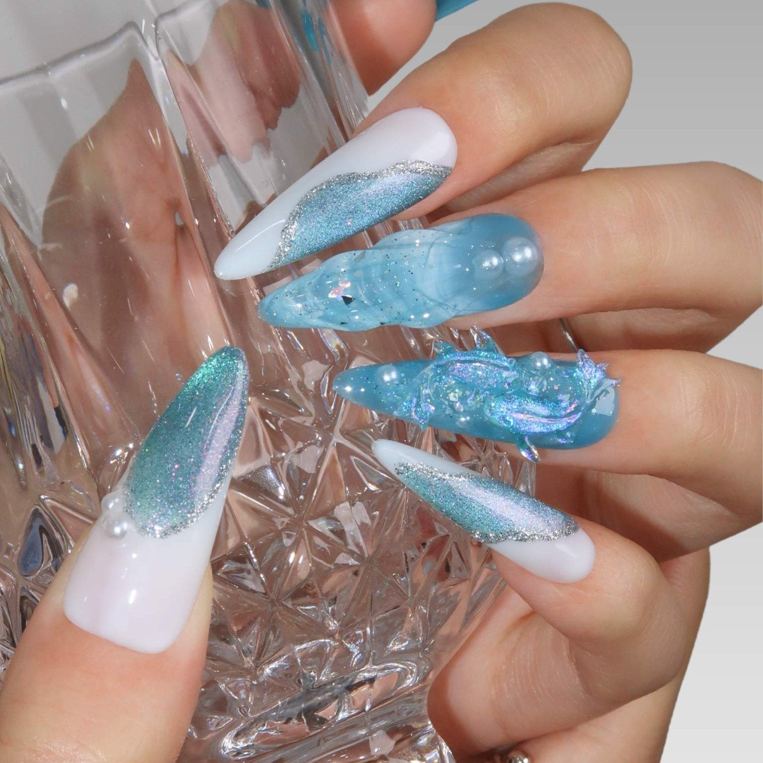 Aquamarine - Ersa Nails White Blue Long Oval PressOnNails