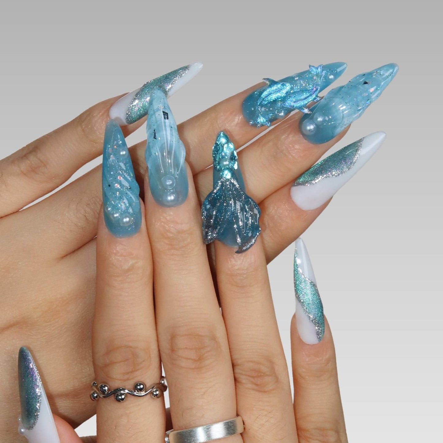 Aquamarine - Ersa Nails White Blue Long Oval PressOnNails