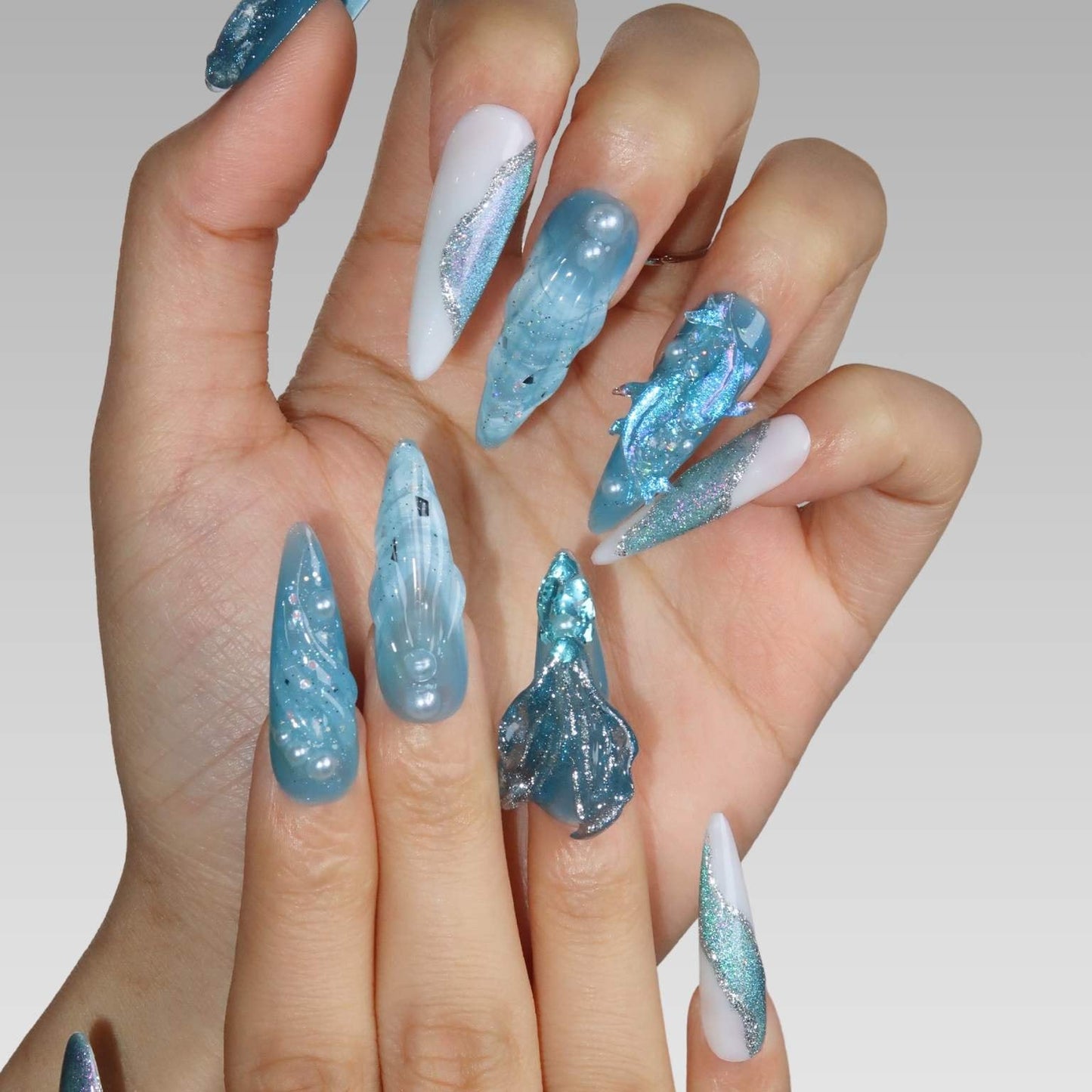 Aquamarine - Ersa Nails White Blue Long Oval PressOnNails