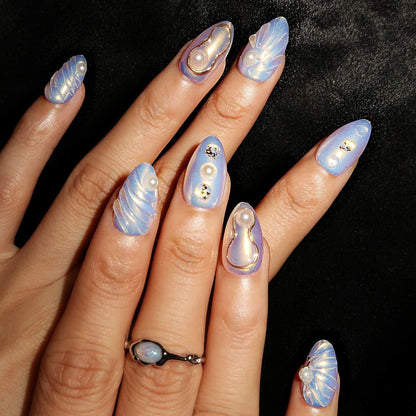 Azure Haze - Ersa Nails Blue White Short Almond PressOnNails