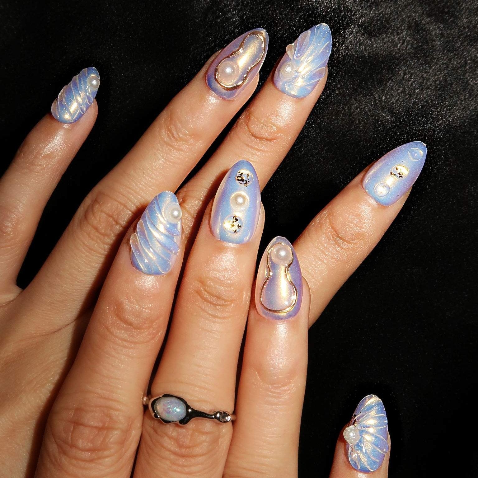 Azure Haze - Ersa Nails Blue White Short Almond PressOnNails