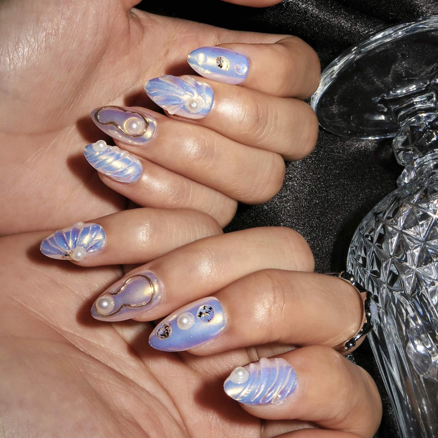 Azure Haze - Ersa Nails Blue White Short Almond PressOnNails