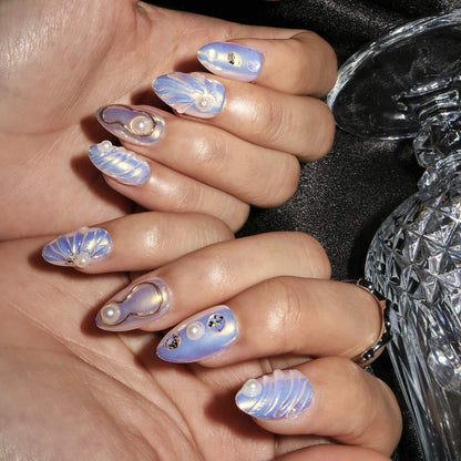 Azure Haze - Ersa Nails Blue White Short Almond PressOnNails