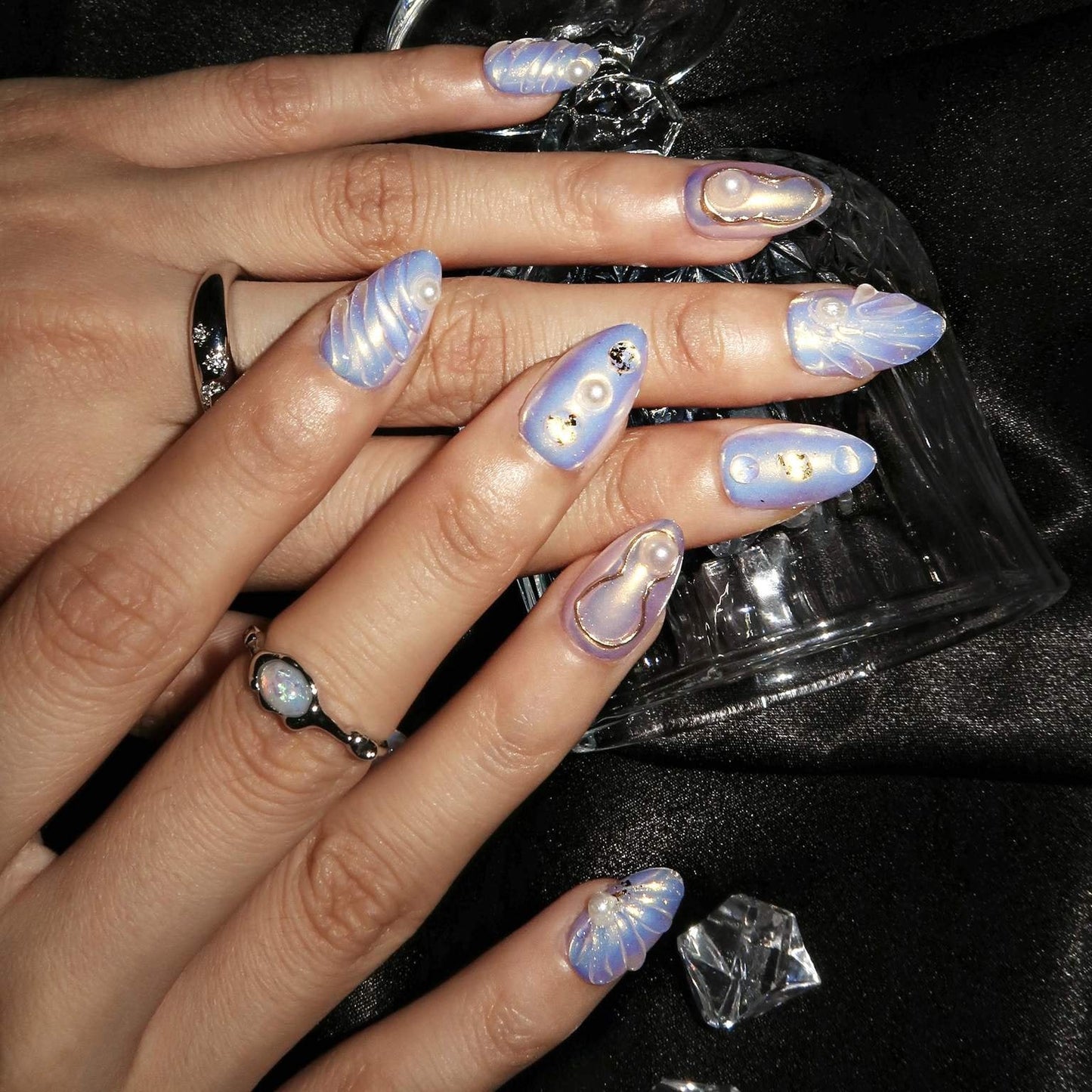 Azure Haze - Ersa Nails Blue White Short Almond PressOnNails