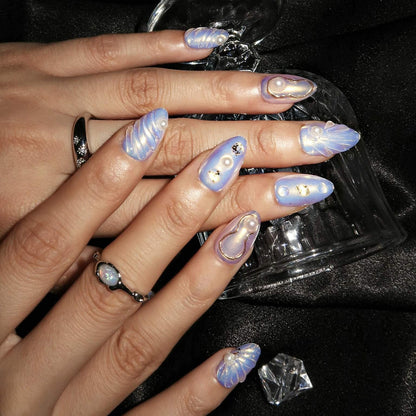 Azure Haze - Ersa Nails Blue White Short Almond PressOnNails