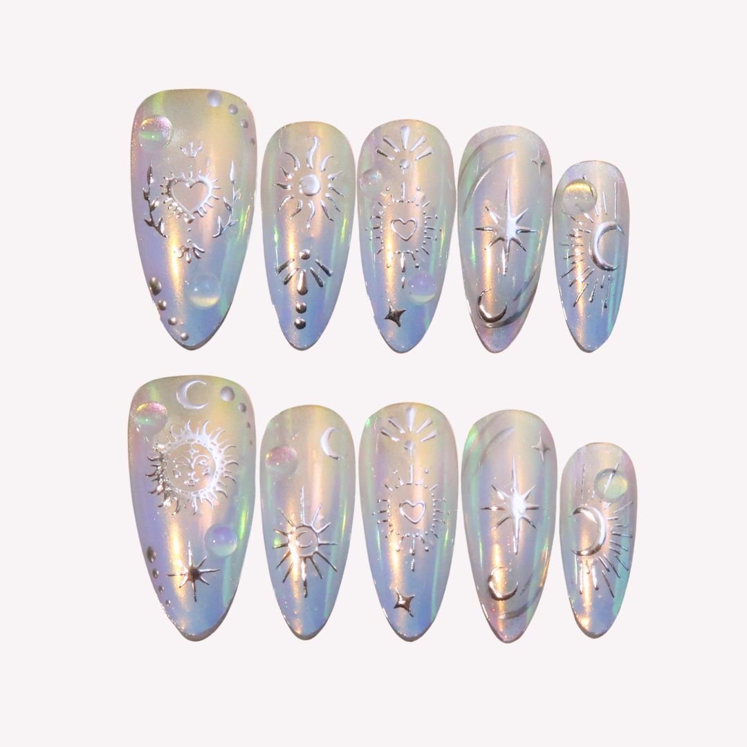 Beyond the Celestial - Ersa Nails Silver Medium Almond PressOnNails