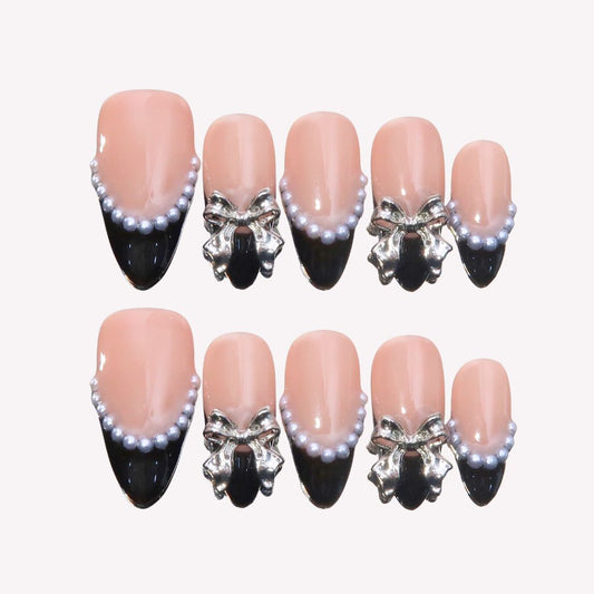 Breakfast at Tiffany's - Ersa Nails Black Silver Nude Medium Almond PressOnNails