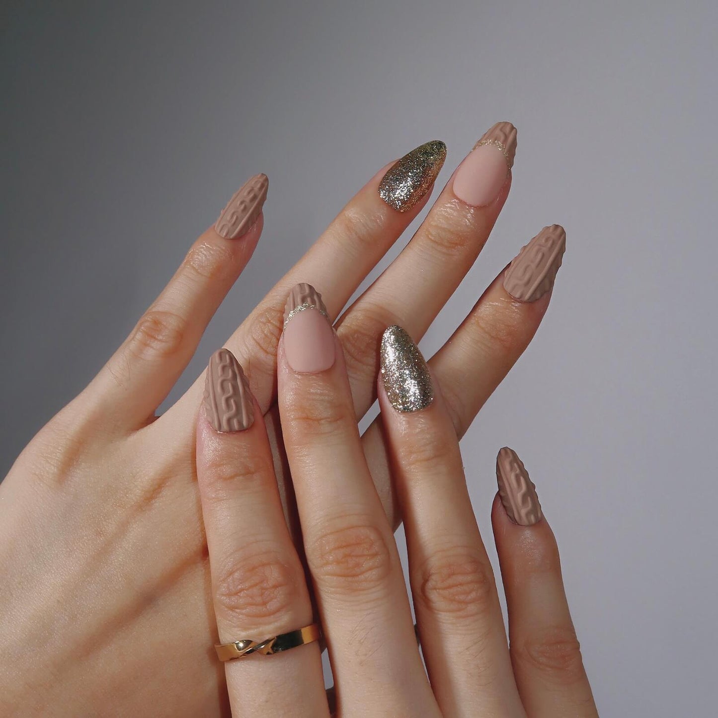 By the Fireplace - Ersa Nails Nude Brown Gold PressOnNails