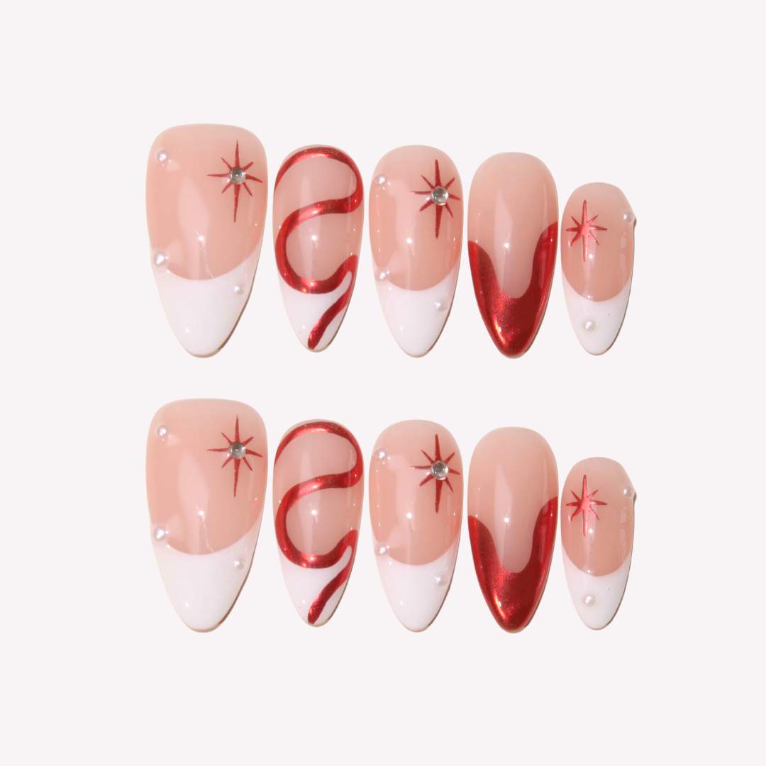 Celestial Waltz - Ersa Nails Nude White Red PressOnNails