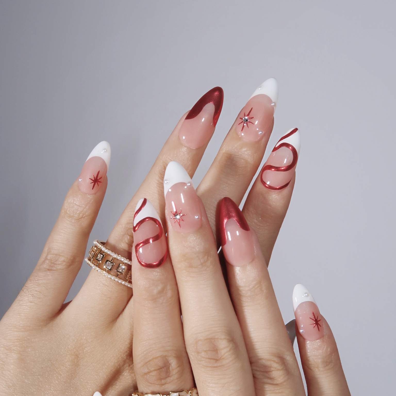 Celestial Waltz - Ersa Nails Nude White Red PressOnNails