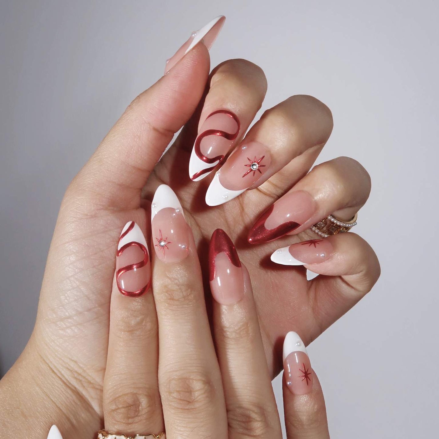 Celestial Waltz - Ersa Nails Nude White Red PressOnNails