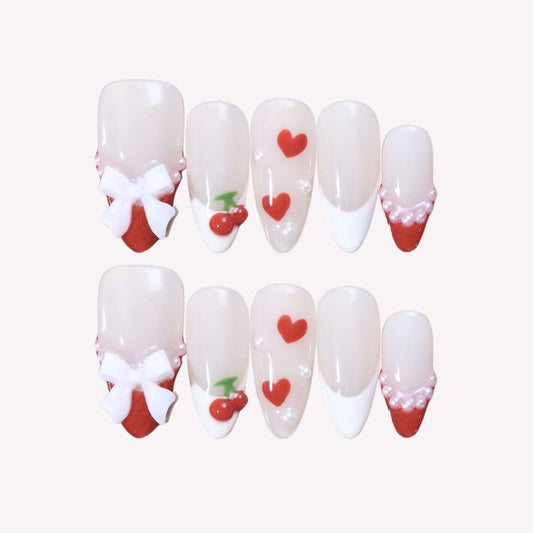 Cheery Jubilee - Ersa Nails Red White Medium Almond PressOnNails