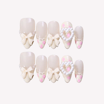 Coquette Floral - Ersa Nails White Pink Medium Almond PressOnNails