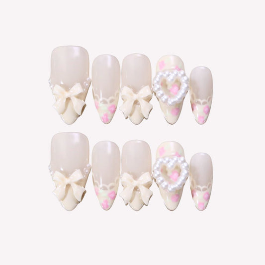 Coquette Floral - Ersa Nails White Pink Medium Almond PressOnNails