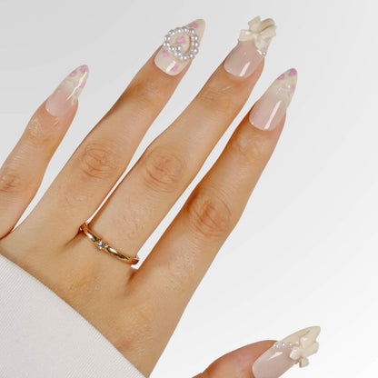 Coquette Floral - Ersa Nails White Pink Medium Almond PressOnNails