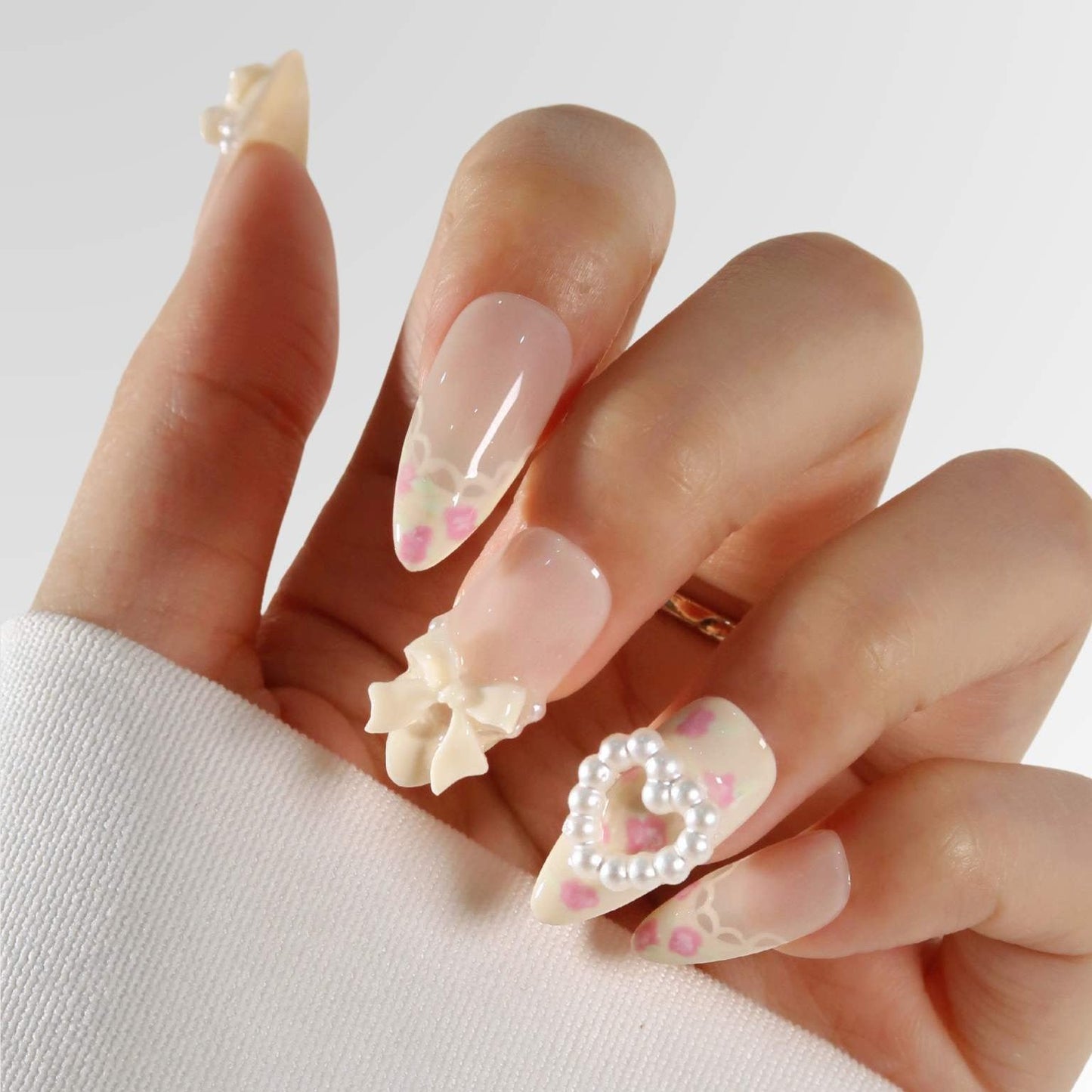 Coquette Floral - Ersa Nails White Pink Medium Almond PressOnNails