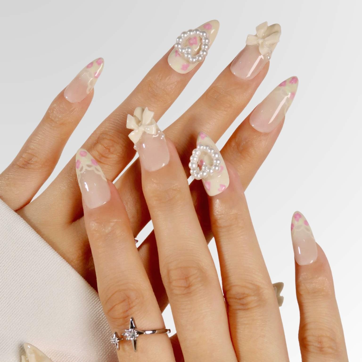 Coquette Floral - Ersa Nails White Pink Medium Almond PressOnNails