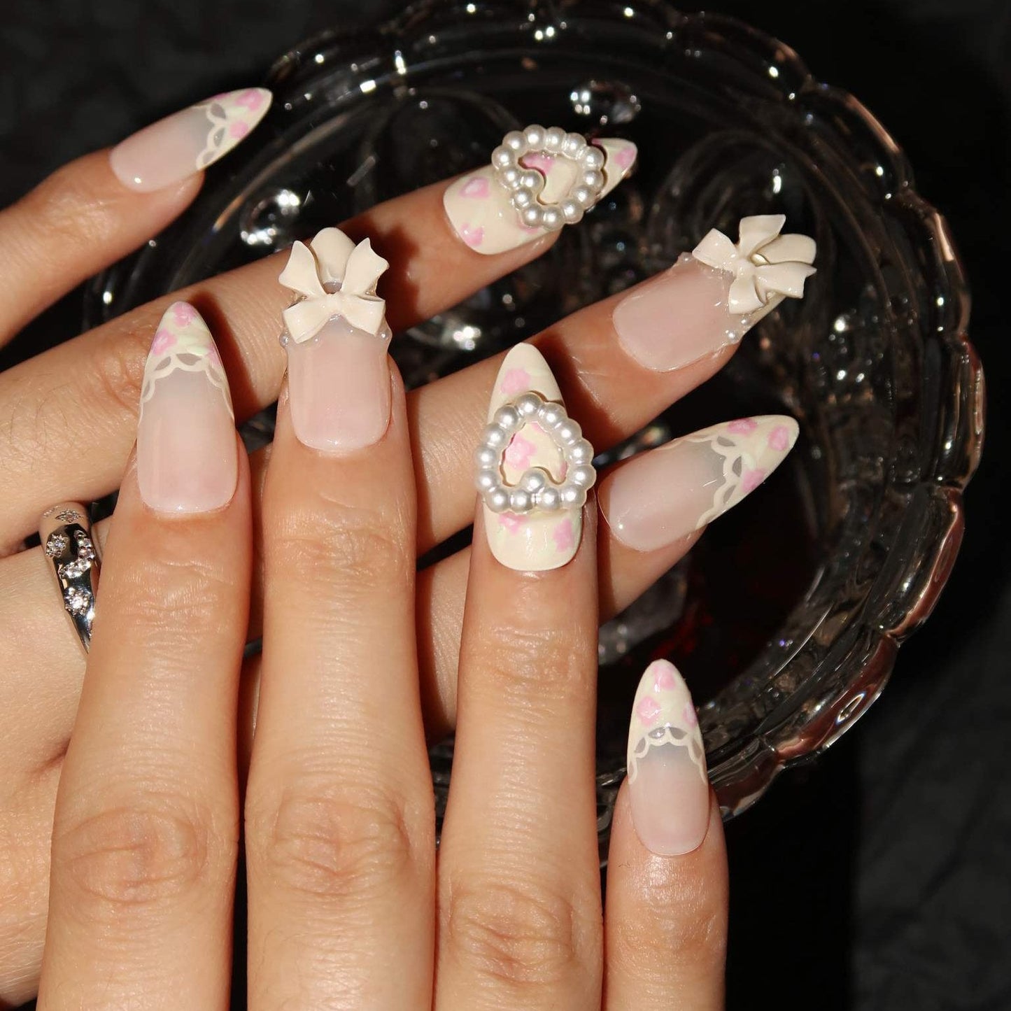 Coquette Floral - Ersa Nails White Pink Medium Almond PressOnNails