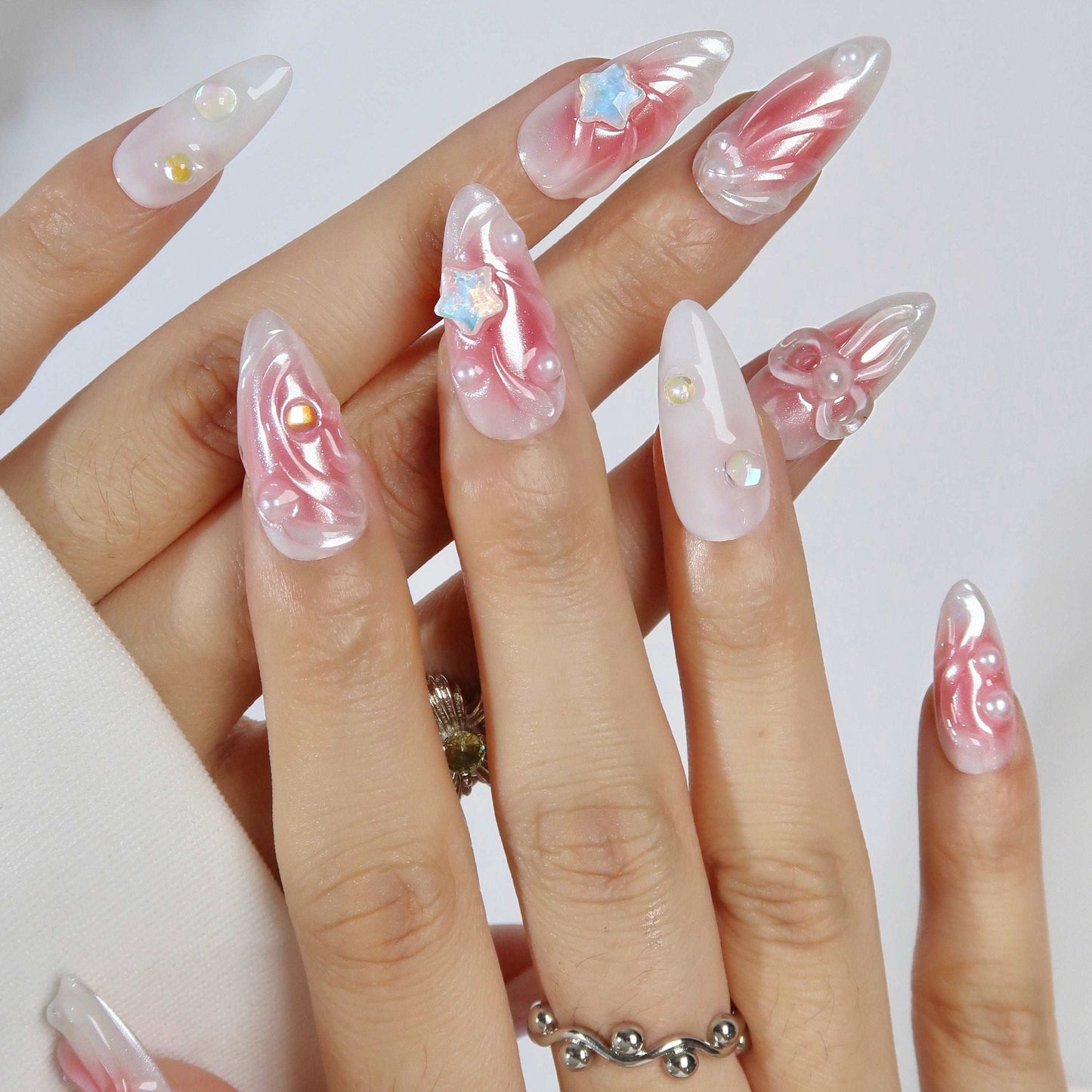 Coquette Kisses - Ersa Nails Pink White Med Almond PressOnNails