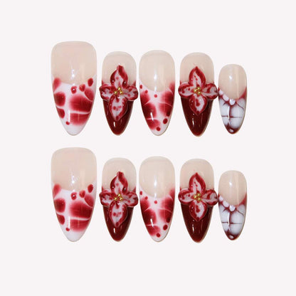 Crimson Blossoms - Ersa Nails Nude Pink White PressOnNails