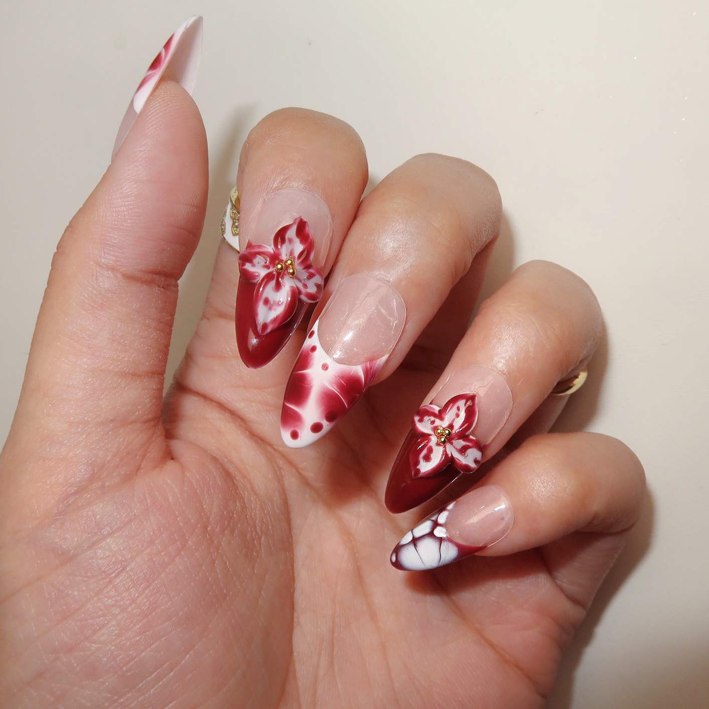 Crimson Blossoms - Ersa Nails Nude Pink White PressOnNails