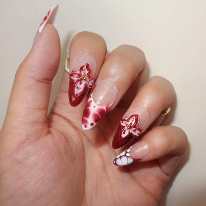 Crimson Blossoms - Ersa Nails Nude Pink White PressOnNails