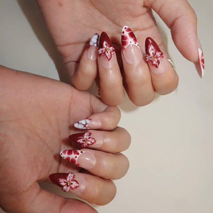 Crimson Blossoms - Ersa Nails Nude Pink White PressOnNails