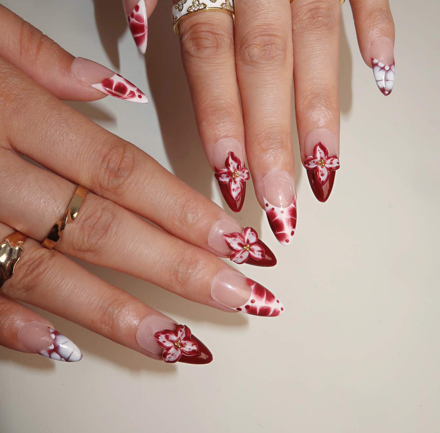 Crimson Blossoms - Ersa Nails Nude Pink White PressOnNails