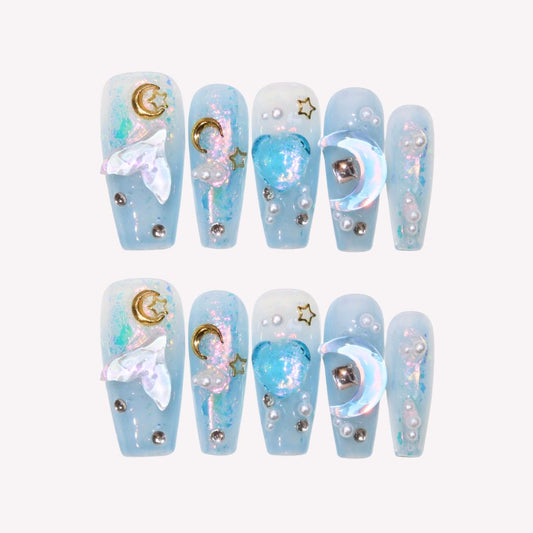  Dream Ocean - Ersa Nails Blue Med Coffin PressOnNails