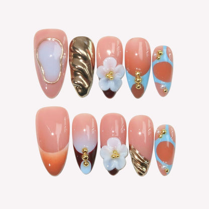 Floral Romance - Ersa Nails Nude Gold Blue PressOnNails