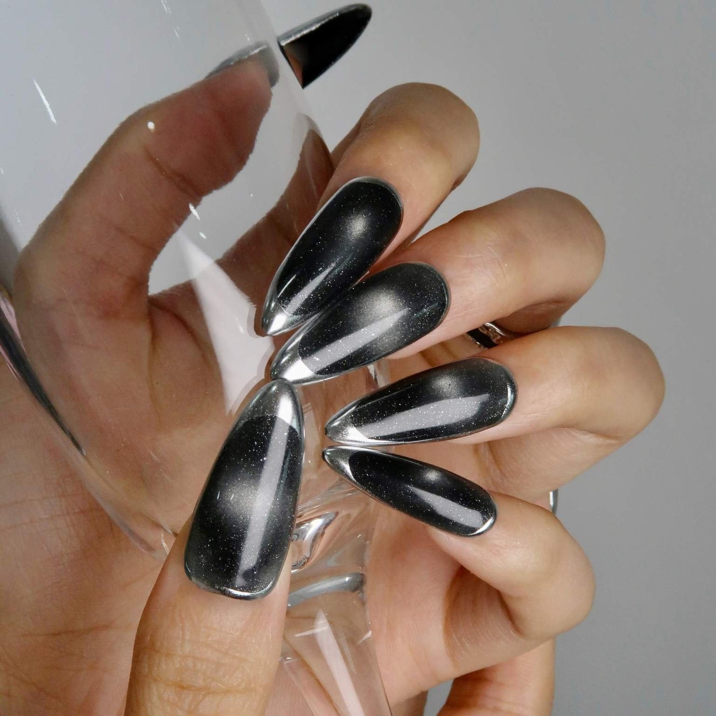 Galaxy - Ersa Nails Black Silver Long Almond PressOnNails