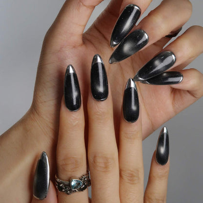 Galaxy - Ersa Nails Black Silver Long Almond PressOnNails