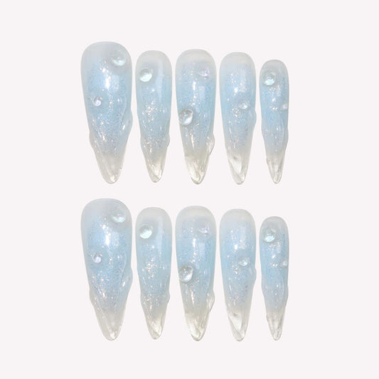 Glacial Whispers - Ersa Nails Blue Long Oval PressOnNails