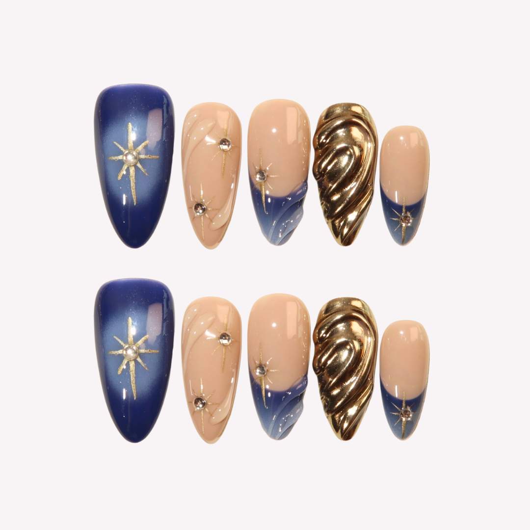 Glimmering Nightfall - Ersa Nails Blue Gold PressOnNails