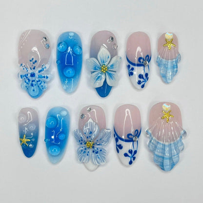 Azure Summer  - 3D Flowers Medium Almond Press on nails, Handmade Floral False Nails for Holiday, Vacation, Birthday, Prom Nails. Gift for Her