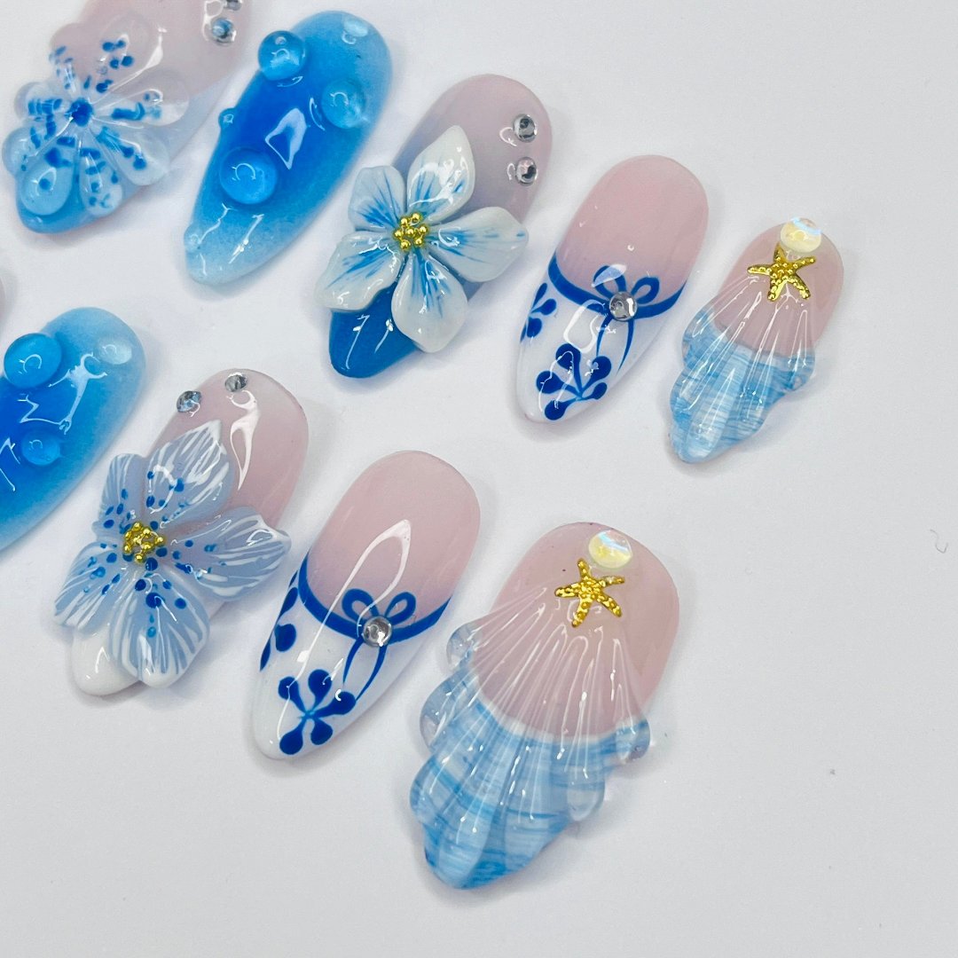 Azure Summer  - 3D Flowers Medium Almond Press on nails, Handmade Floral False Nails for Holiday, Vacation, Birthday, Prom Nails. Gift for Her