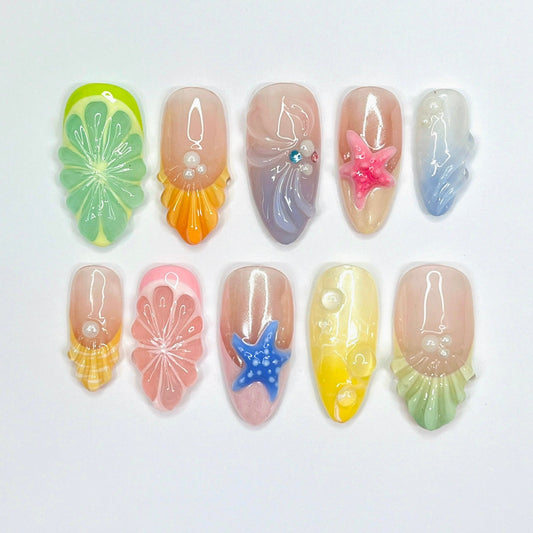 Handmade Summer Seashell & Fruit Press-On Nails –  Perfect for vacations, holiday, beach days, or as a fun gift for her birthday