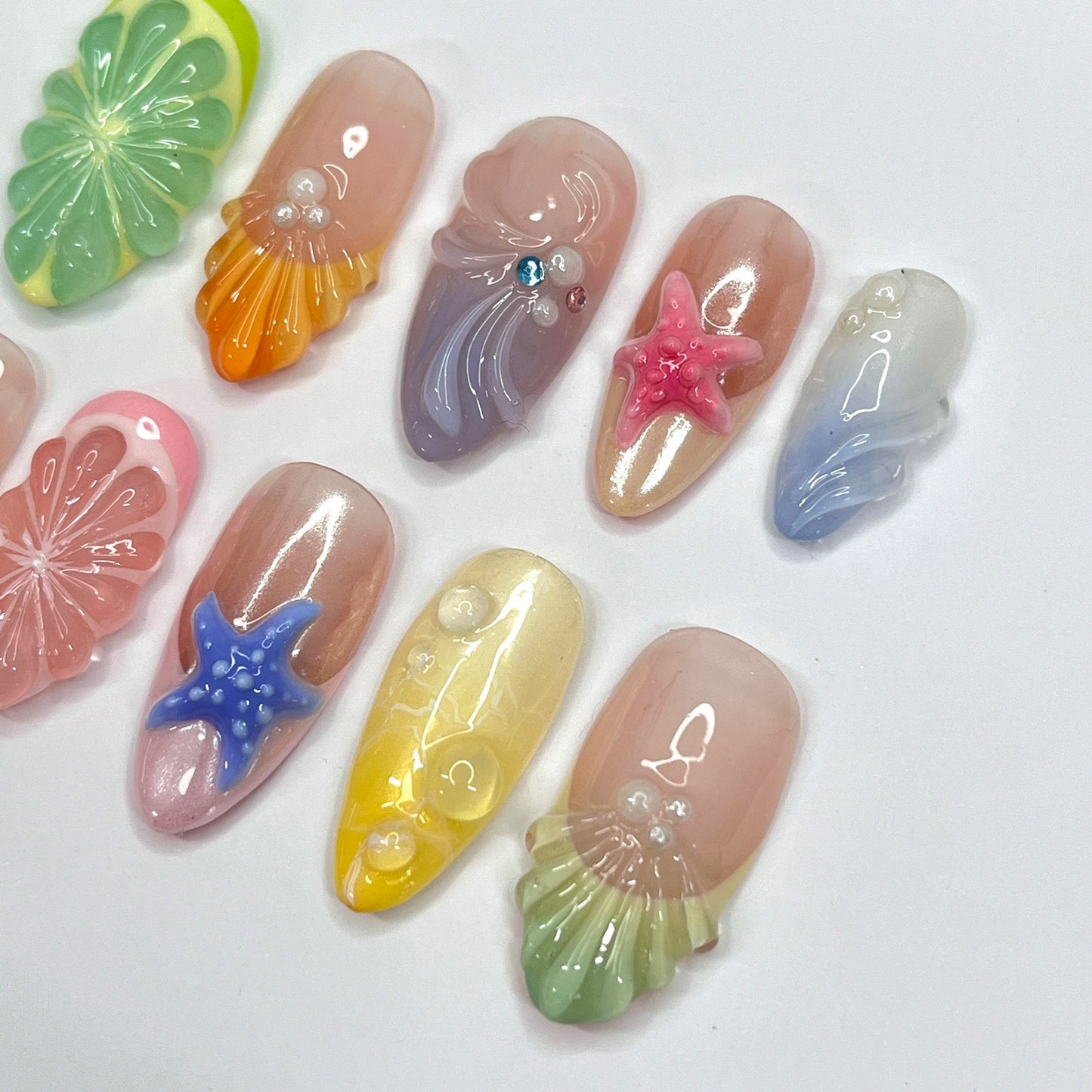 Handmade Summer Seashell & Fruit Press-On Nails –  Perfect for vacations, holiday, beach days, or as a fun gift for her birthday