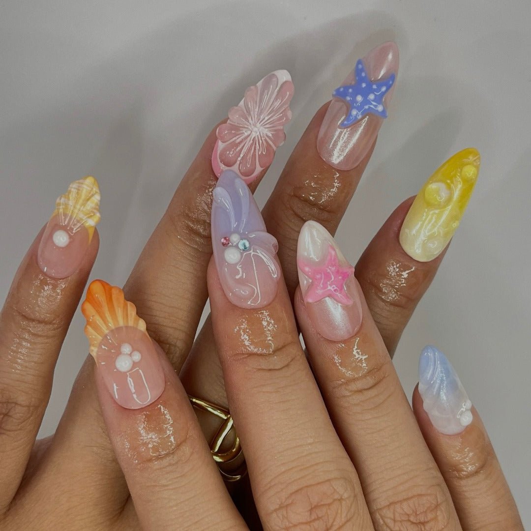 Handmade Summer Seashell & Fruit Press-On Nails –  Perfect for vacations, holiday, beach days, or as a fun gift for her birthday