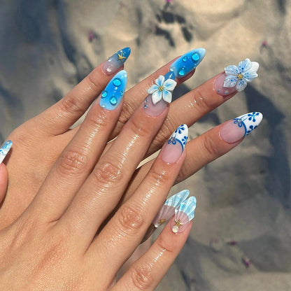 Azure Summer  - 3D Flowers Medium Almond Press on nails, Handmade Floral False Nails for Holiday, Vacation, Birthday, Prom Nails. Gift for Her