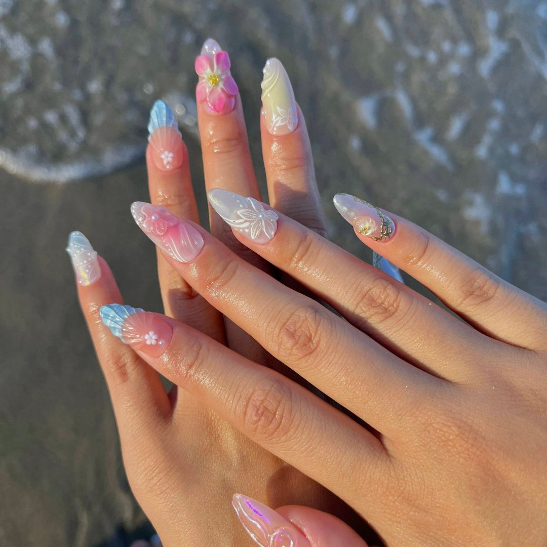 Garden Whisper - Spring Summer Collection Handmade Pastel Floral Press-On Nails – soft pink, green, and pearl tones with 3D flowers, ribbons, and intricate designs. Perfect for birthdays, weddings, vacations, or as a thoughtful gift for her.