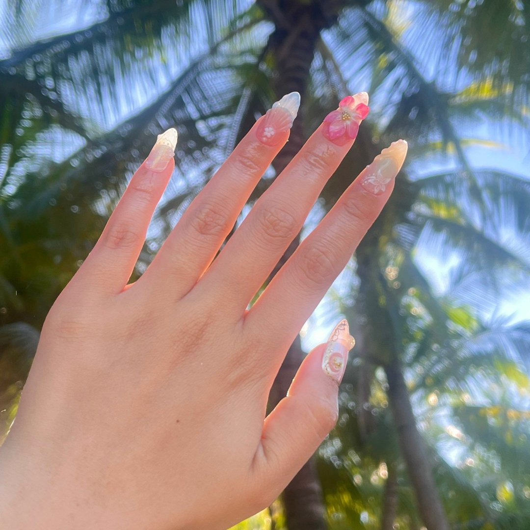 Garden Whisper - Spring Summer Collection Handmade Pastel Floral Press-On Nails – soft pink, green, and pearl tones with 3D flowers, ribbons, and intricate designs. Perfect for birthdays, weddings, vacations, or as a thoughtful gift for her.