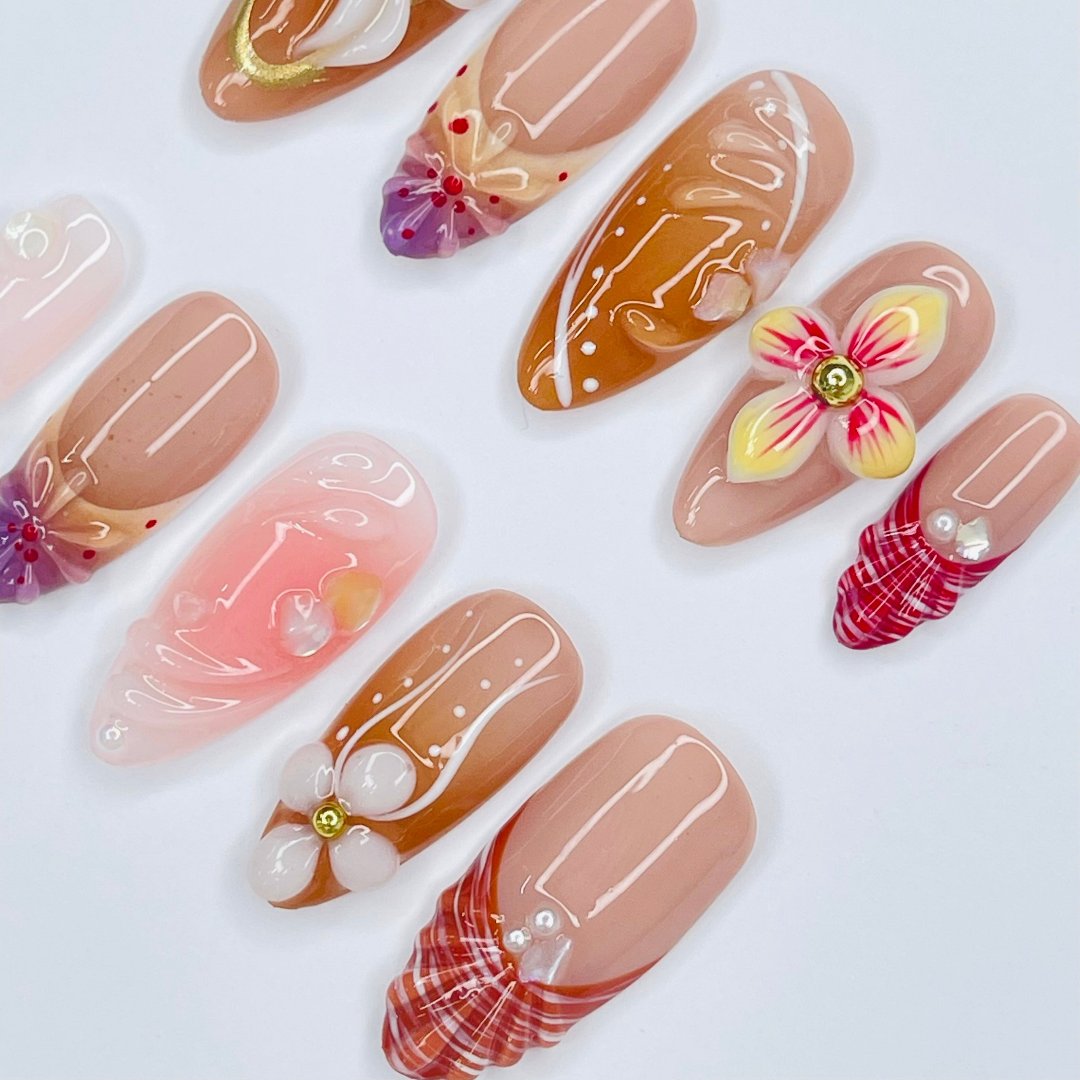 Handmade Floral Press-On Nails – earthy nude and soft pink tones with 3D flowers, gold accents, and plaid patterns. Perfect for weddings, birthdays, holidays, or as a unique gift for her