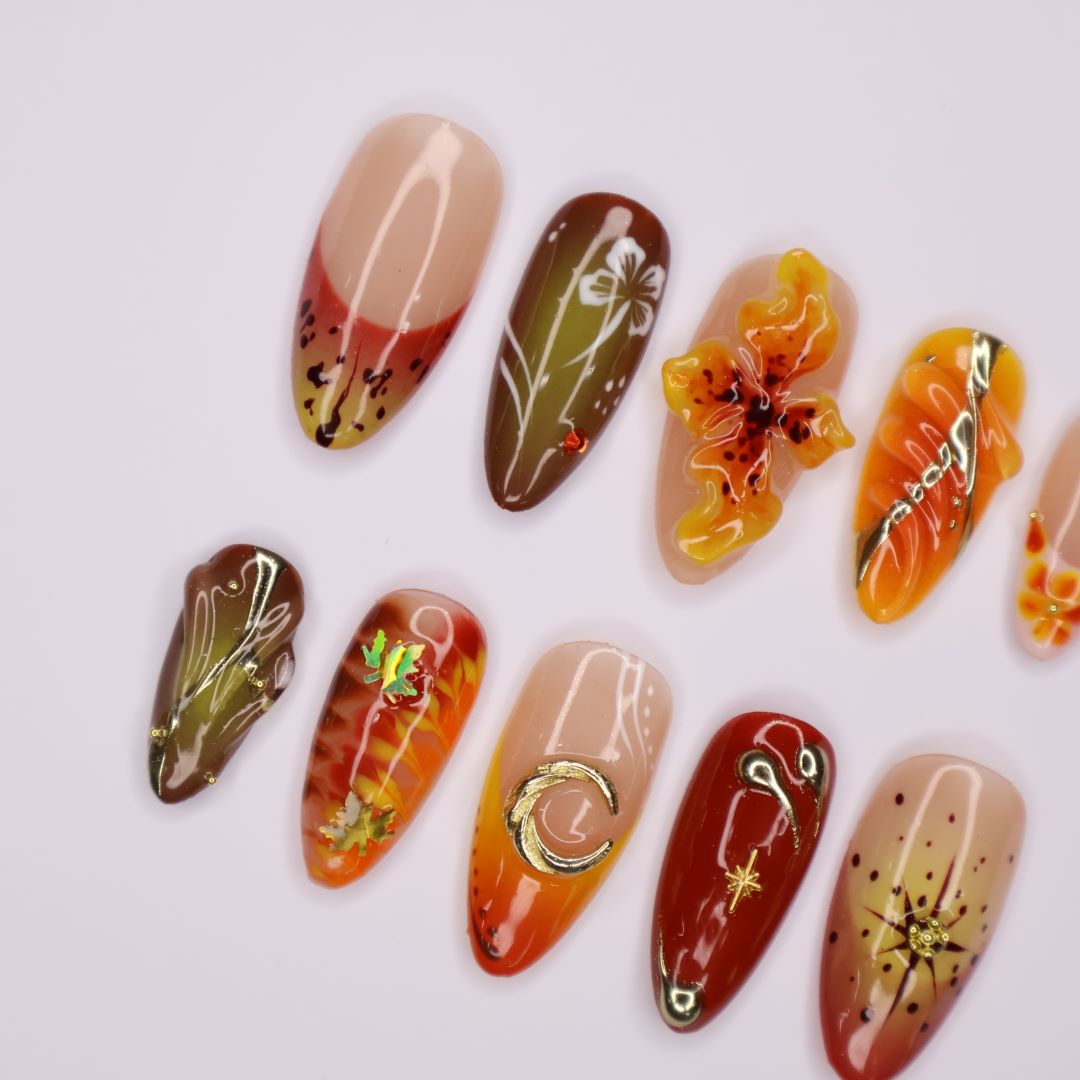 fall inspired handmade press on nails by lilynailsart.co