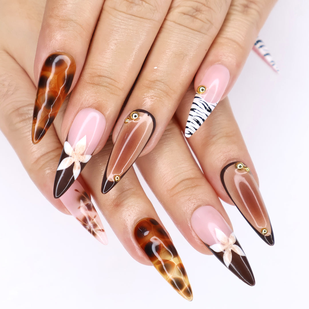 Handmade Tortoise & Zebra Press-On Nails – Fall Collection nude pink tones with tortoiseshell accents, zebra stripes, and delicate 3D floral designs. Perfect for everyday wear, events, holiday, vacation or as a stylish gift for her