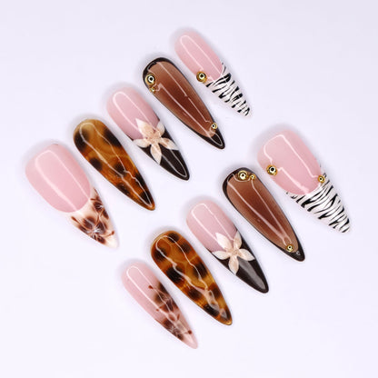 Handmade Tortoise & Zebra Press-On Nails – Fall Collection nude pink tones with tortoiseshell accents, zebra stripes, and delicate 3D floral designs. Perfect for everyday wear, events, holiday, vacation or as a stylish gift for her