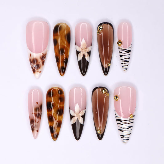 Handmade Tortoise & Zebra Press-On Nails – Fall Collection nude pink tones with tortoiseshell accents, zebra stripes, and delicate 3D floral designs. Perfect for everyday wear, events, holiday, vacation or as a stylish gift for her