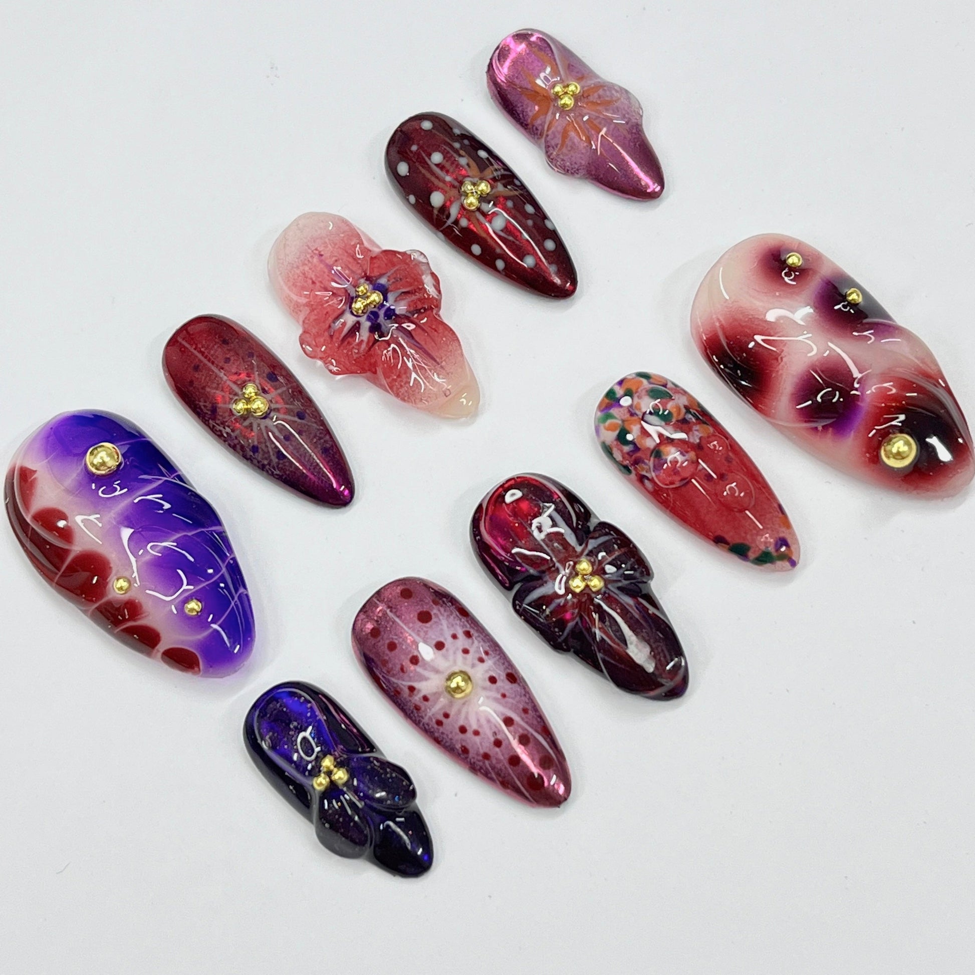 Purple garden theme inspired handmade medium almond press on nails, 3d flower nails art for birthday party, holiday, gift for her