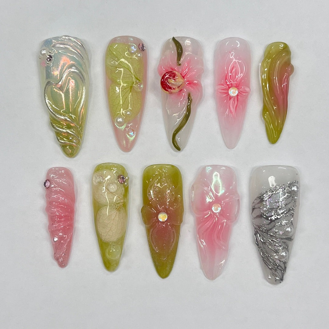 3D flower long almond handmade press on nails, garden theme custom made false nails for birthday holiday vacation