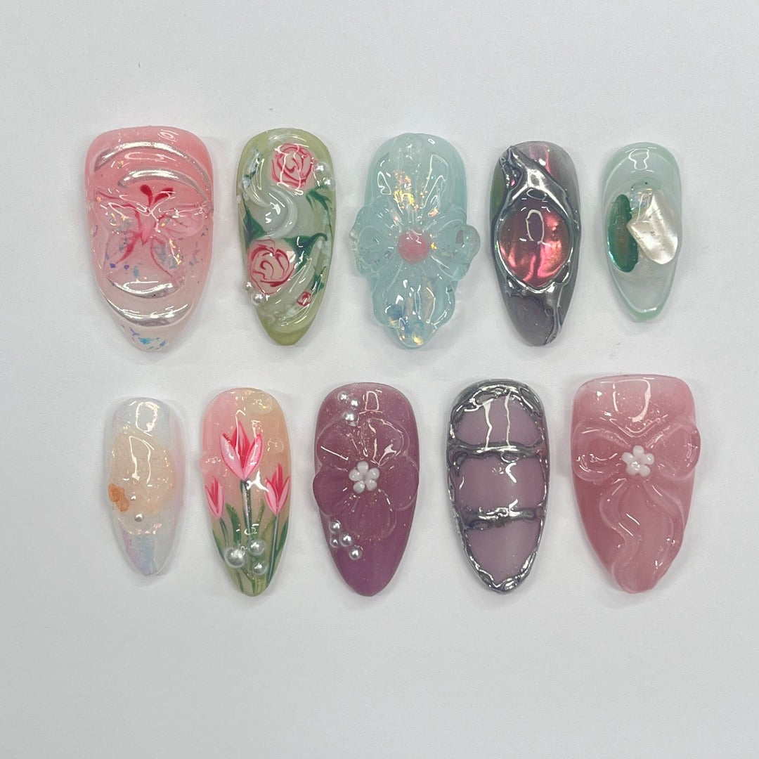 Springtime - 3D Flowers Medium Almond Press on nails, Handmade Floral False Nails for Holiday, Vacation, Birthday, Prom Nails. Gift for Her